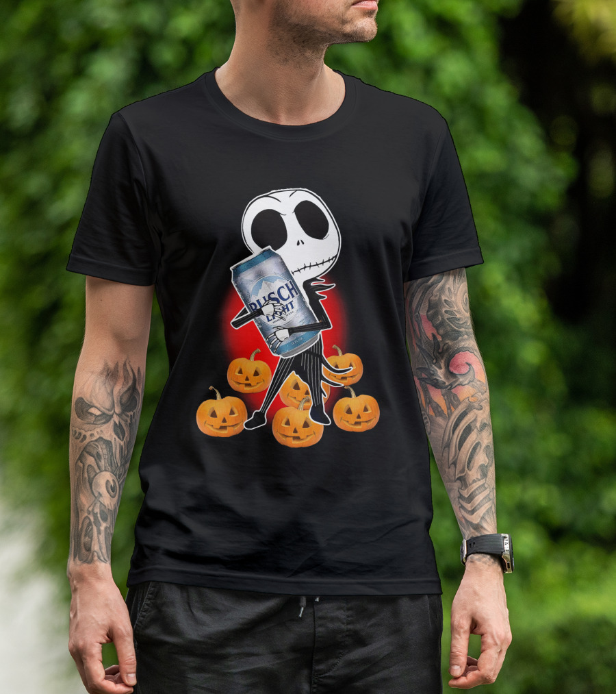 Jack Skellington Busch Light Hug Surrounded By Pumpkins Halloween T-Shirt