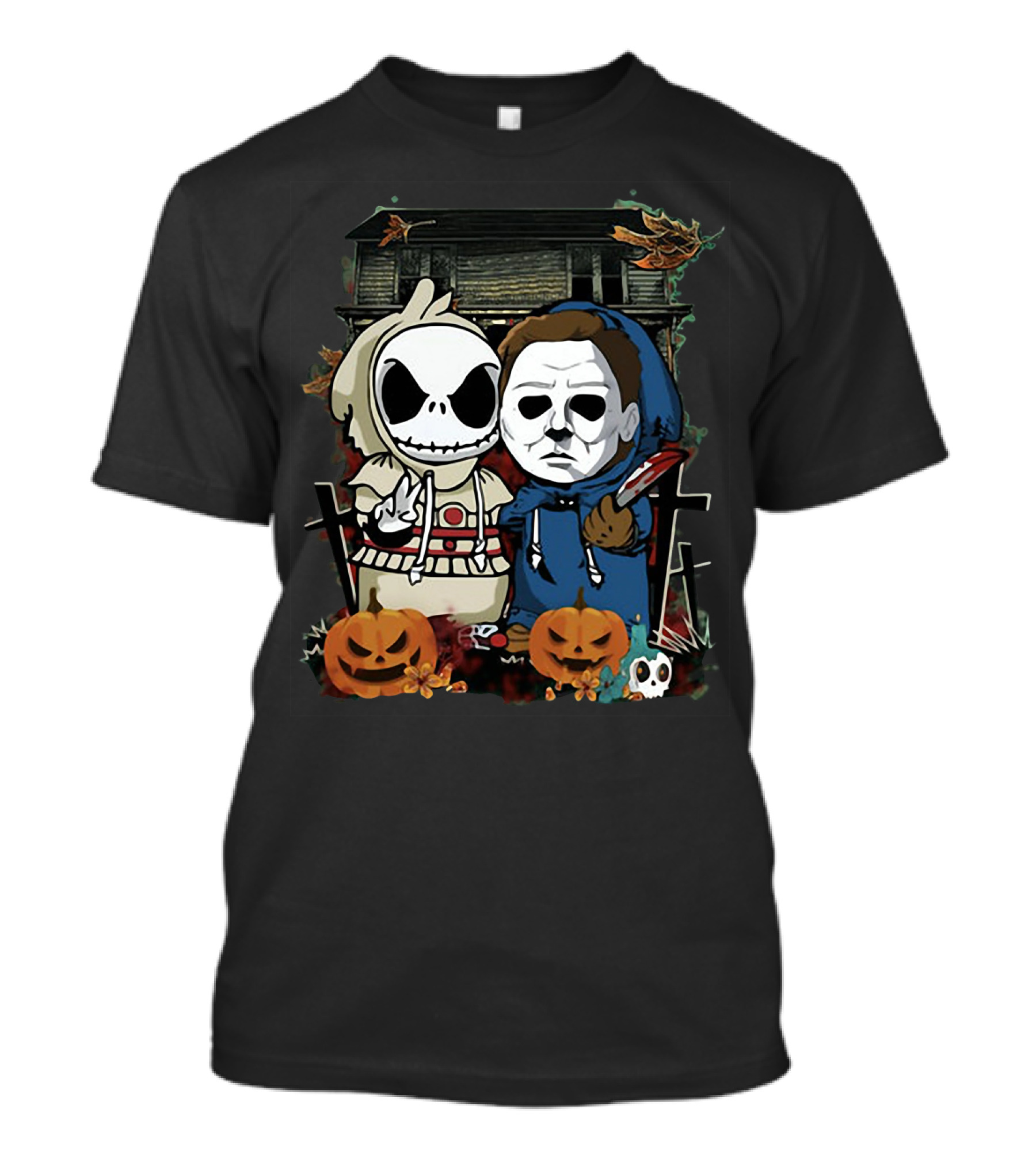 Jack Skellington And Michael Myers Halloween Crossover With Haunted House And Pumpkins T-Shirt