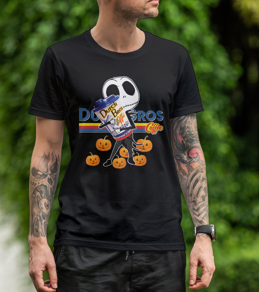 Jack Skellington Holding Dutch Bros Coffee Cup Surrounded By Pumpkins T-Shirt