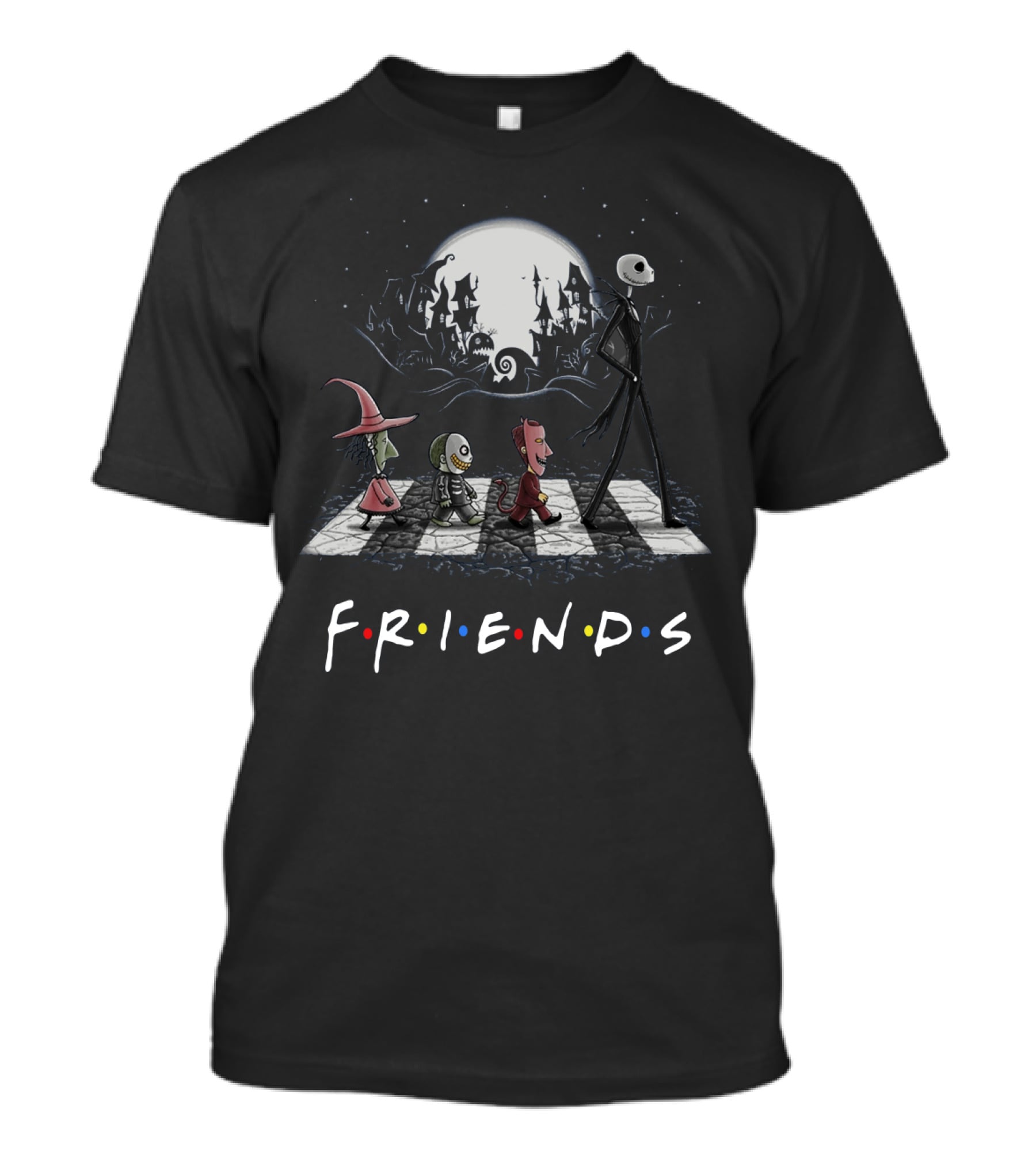 Friends Nightmare Before Christmas Characters Abbey Road Parody With Full Moon Background T-Shirt