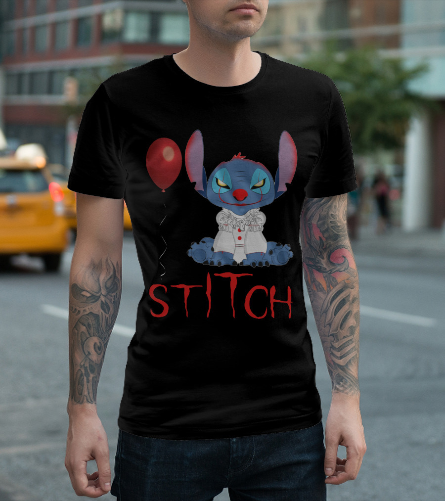 Stitch in Pennywise Costume with Red Balloon - IT Mashup T-Shirt