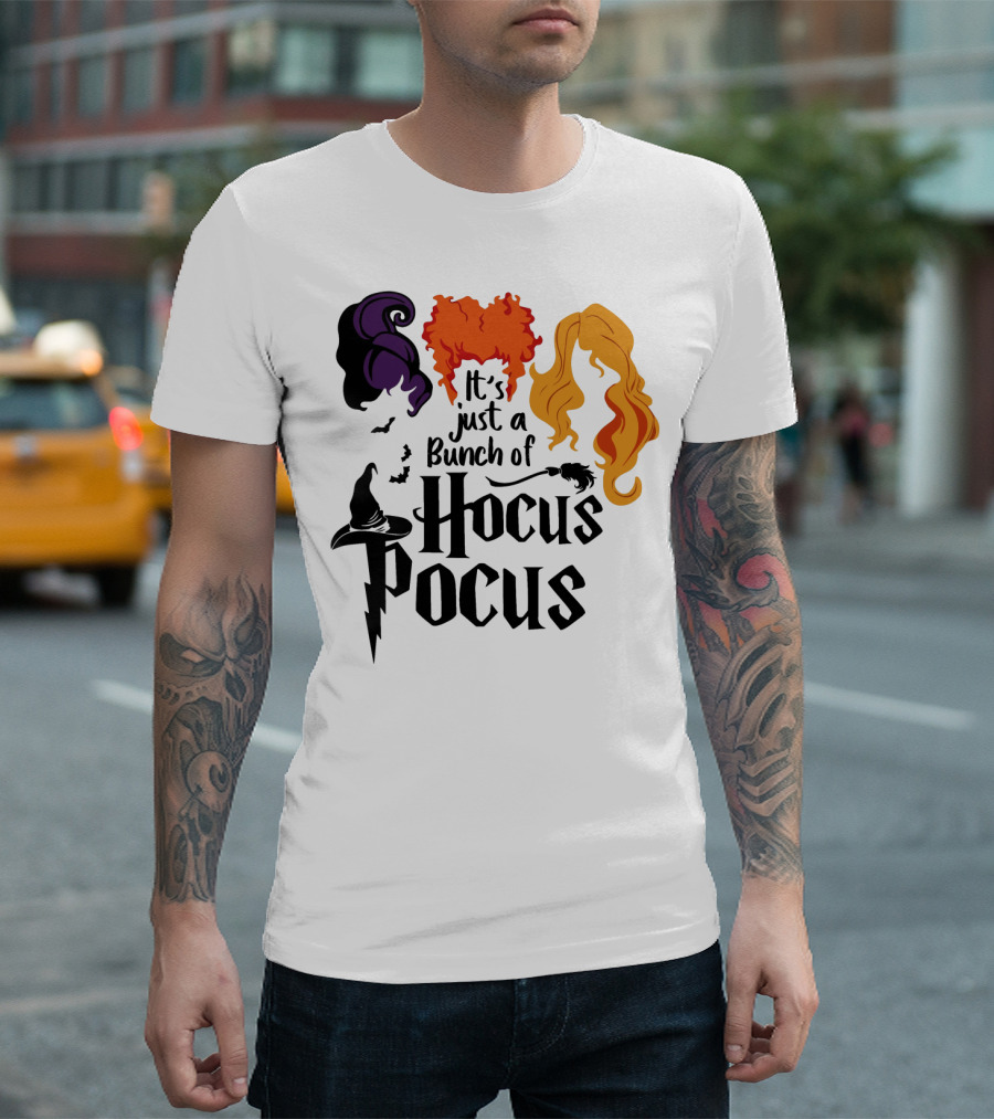 Hocus Pocus It's Just a Bunch of Witch Hair Silhouettes with Hats and Bats T-Shirt