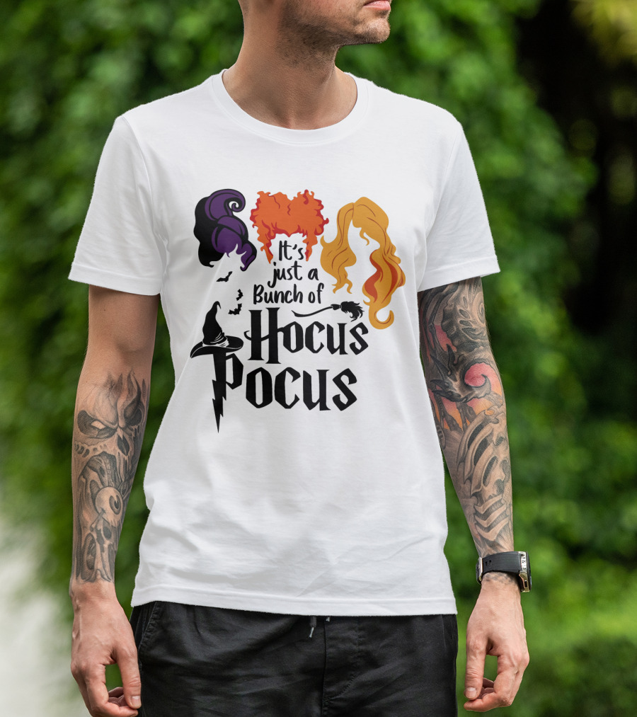 Hocus Pocus It's Just A Bunch Of Witch Hair Silhouettes With Hats And Bats T-Shirt