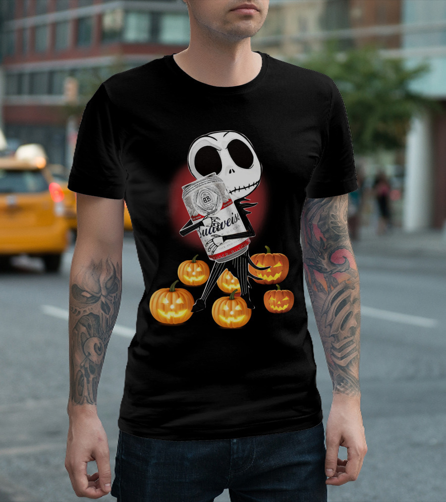 Budweiser Halloween Jack Skellington with Pumpkins and Red Glow T-Shirt