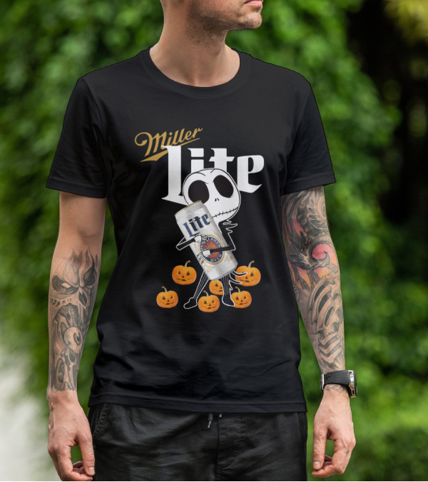 Jack Skellington Holding Miller Lite Surrounded By Pumpkins T-Shirt