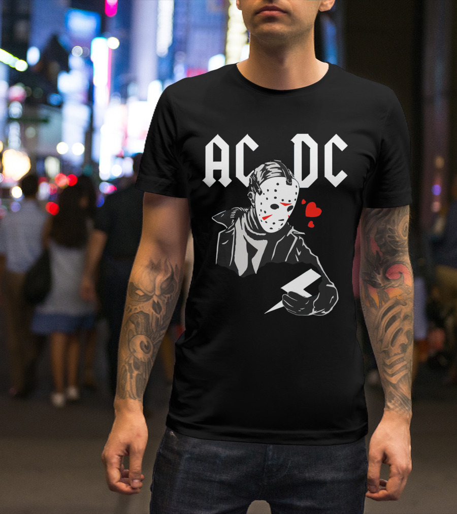Acdc Jason Voorhees Mask Holding Lightning Bolt With Hearts T-Shirt