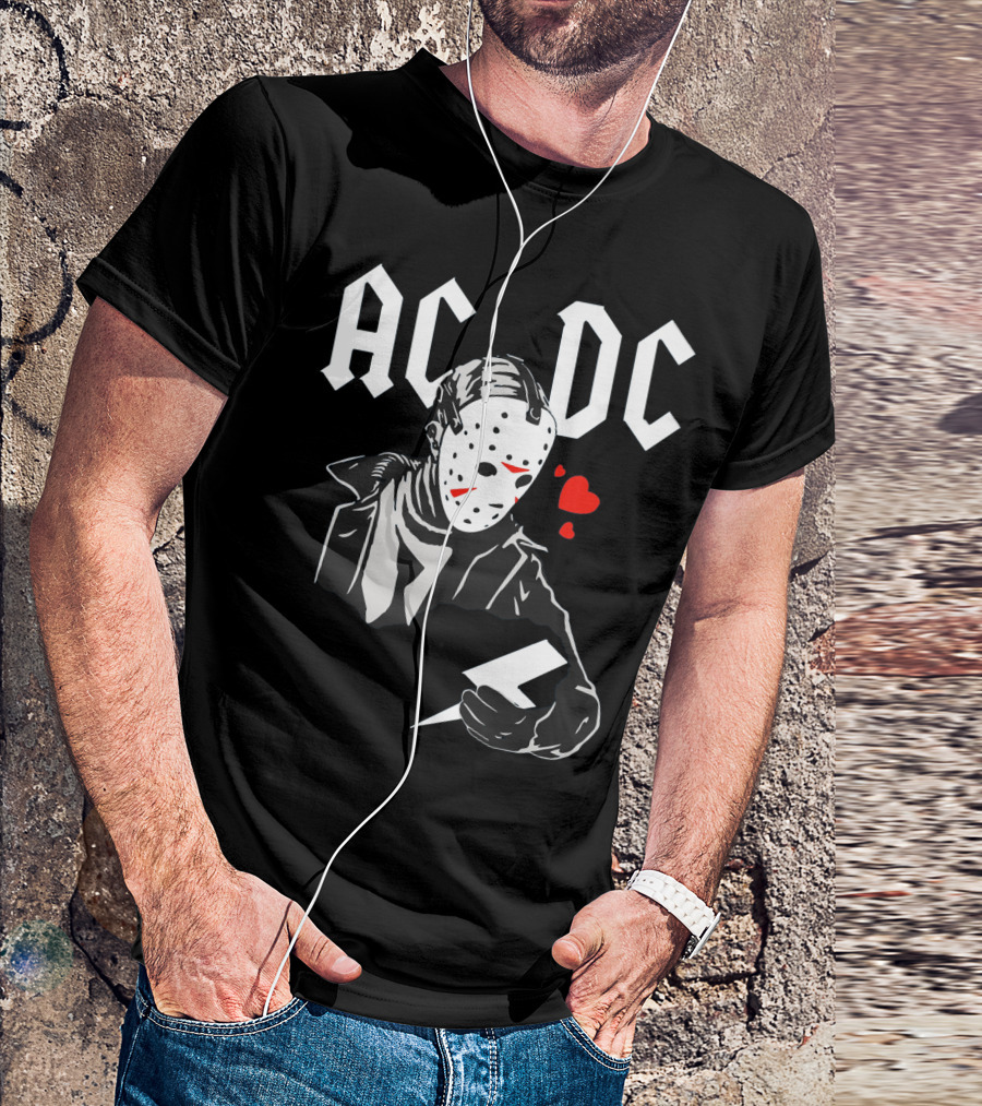 Acdc Jason Voorhees Mask Holding Lightning Bolt With Hearts T-Shirt