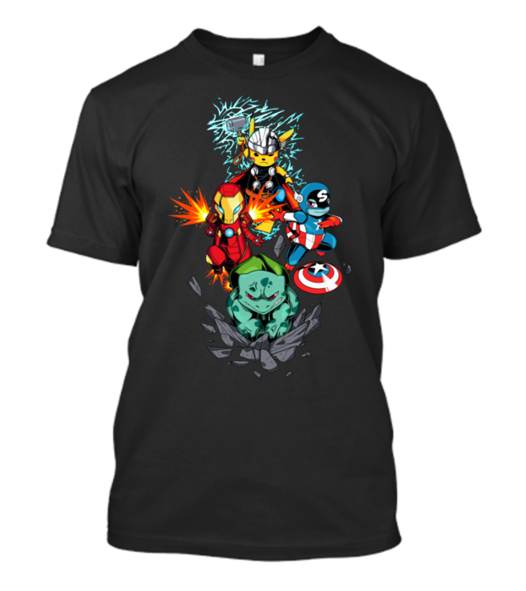Pikachu Thor Iron Man Iron Pikachu Captain America Charmander Bulbasaur PokEmon Avengers T-Shirt