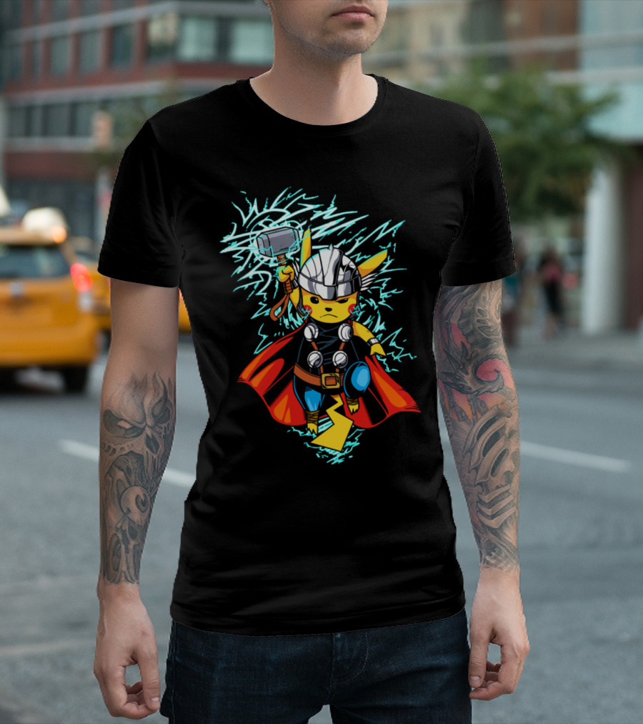 Pikachu Wielding Thor's Hammer with Lightning and Armor T-Shirt