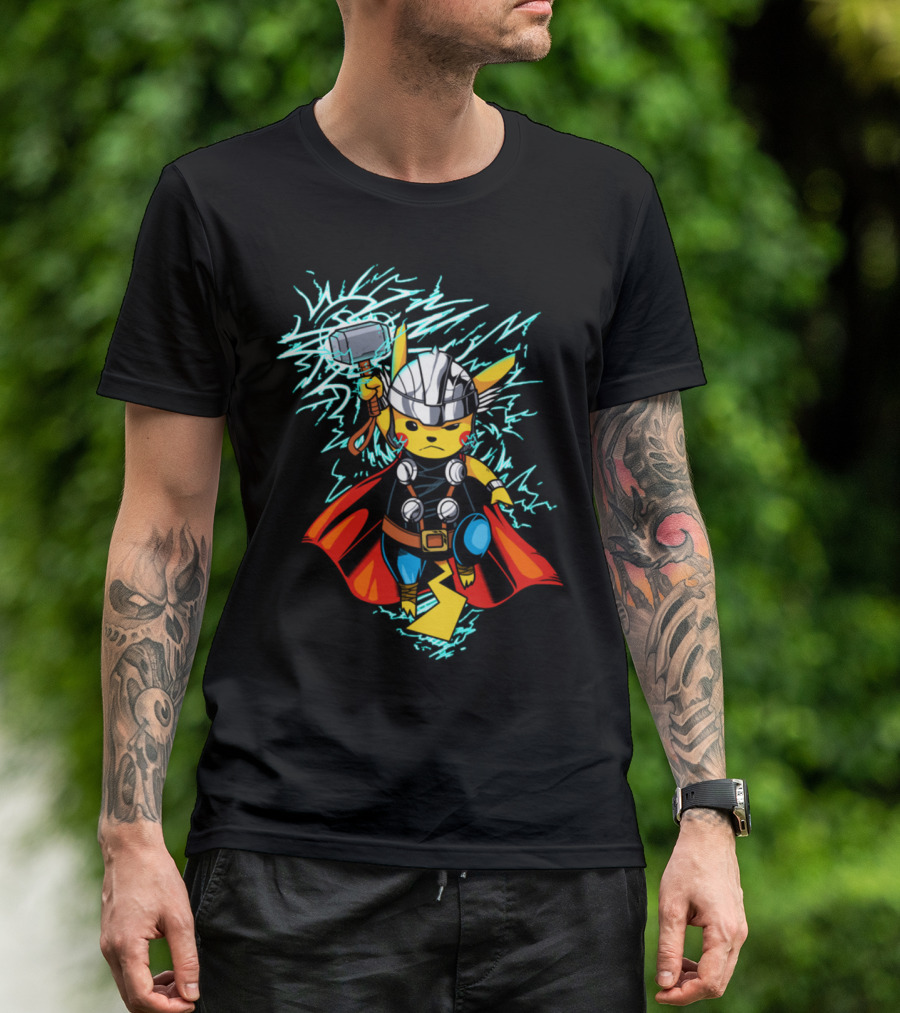Pikachu Wielding Thor's Hammer With Lightning And Armor T-Shirt