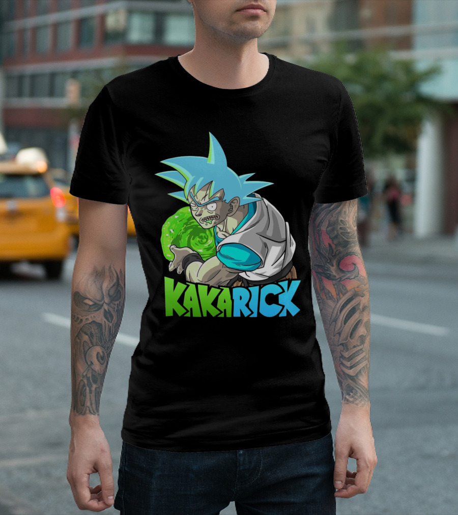 Kakarick Rick and Morty x DBZ Crossover with Green Energy Sphere and Blue Hair T-Shirt
