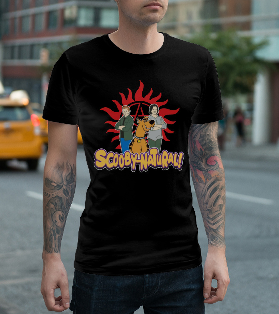 Scooby-Natural Supernatural Crossover Featuring Iconic Red Sun and Mystery Characters T-Shirt