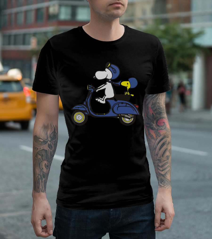 Snoopy And Woodstock Riding Blue Vespa With Helmets T-Shirt