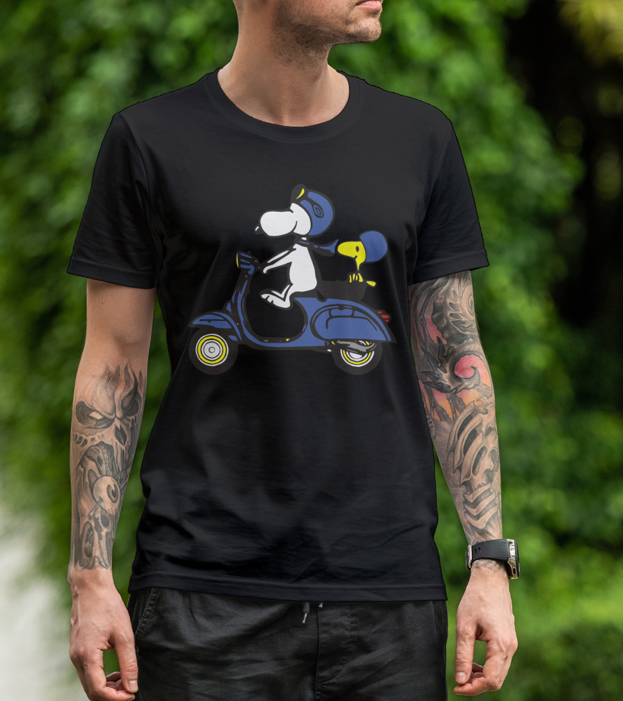 Snoopy And Woodstock Riding Blue Vespa With Helmets T-Shirt