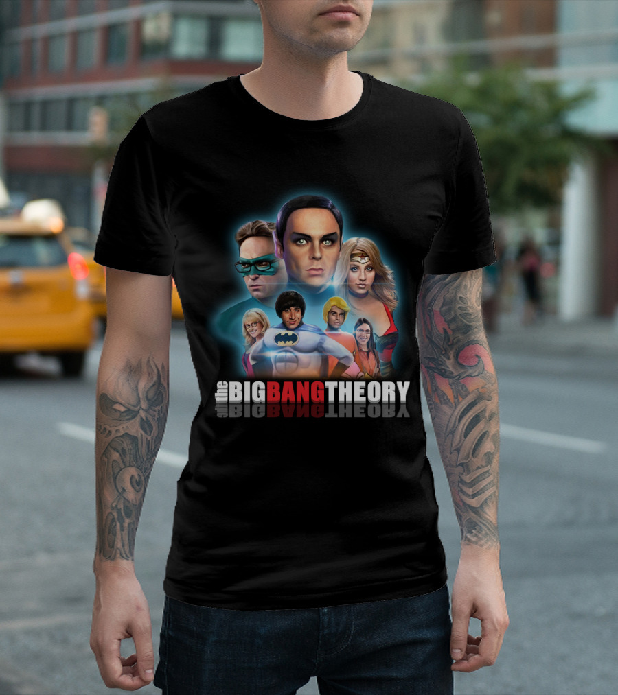 The Big Bang Theory Superhero Justice League Parody Sheldon Leonard Penny Howard Raj T-Shirt