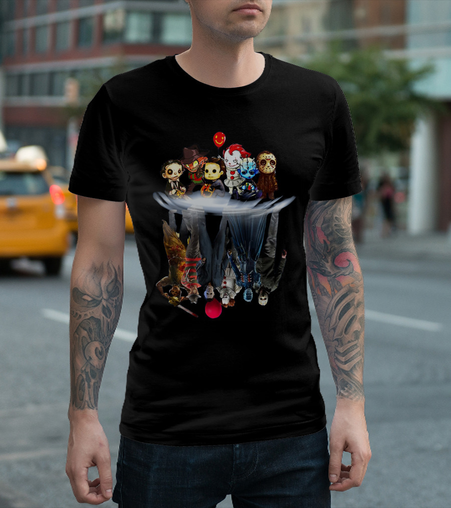 MICHAEL MYERS JASON VOORHEES FREDDY JOKER PENNYWISE HELLRAISER HORROR ICONS REFLECTION BALLOON T-Shirt