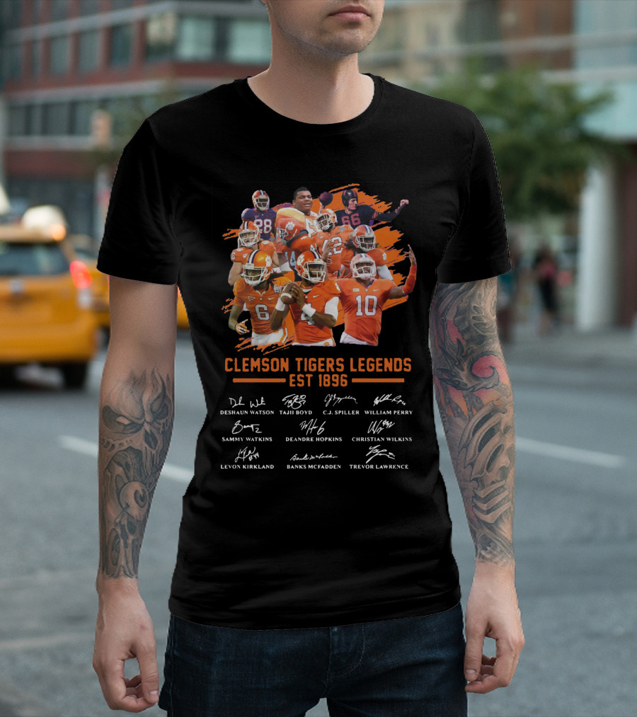 Clemson Tigers Legends Est 1896 Deshaun Watson Tajh Boyd C.J. Spiller William Perry Sammy Watkins Deandre Hopkins Christian Wilkins Levon Kirkland Banks McFadden Trevor Lawrence T-Shirt