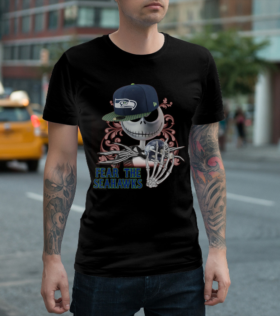 Jack Skellington Wearing Seattle Seahawks Cap With Fear The Seahawks Theme T-Shirt