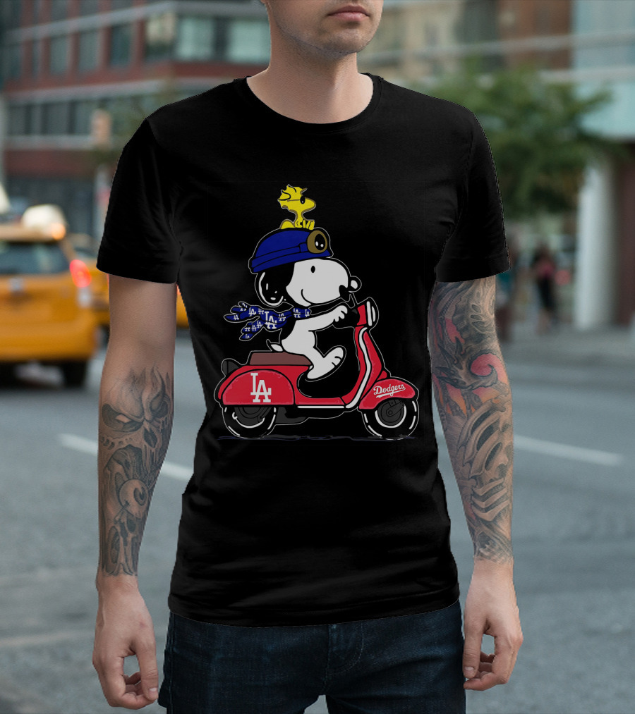 Snoopy Riding Vespa Los Angeles Dodgers Mascot with Woodstock T-Shirt