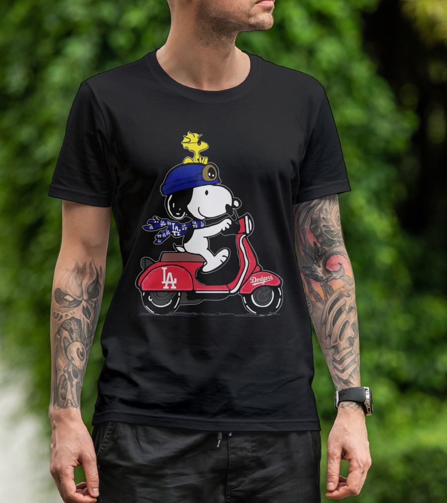 Snoopy Riding Vespa Los Angeles Dodgers Mascot With Woodstock T-Shirt