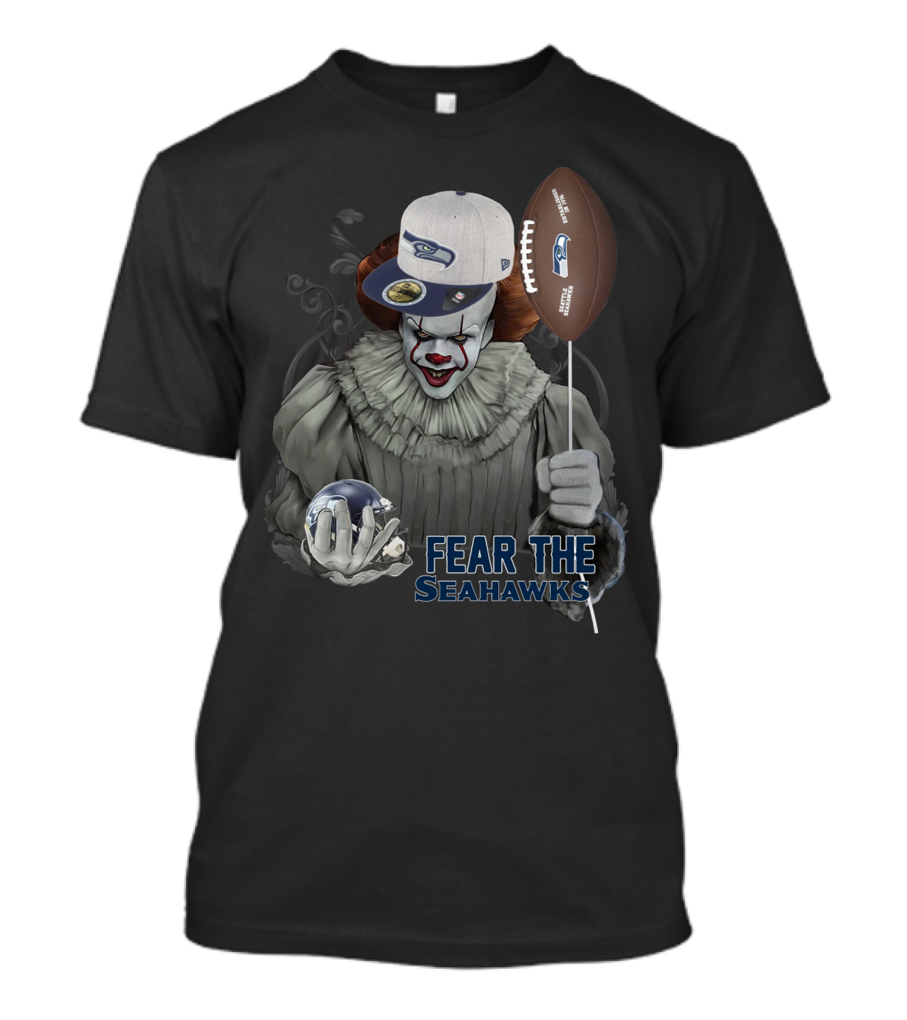 Pennywise Holding Seattle Seahawks Football And Wearing Seahawks Cap T-Shirt