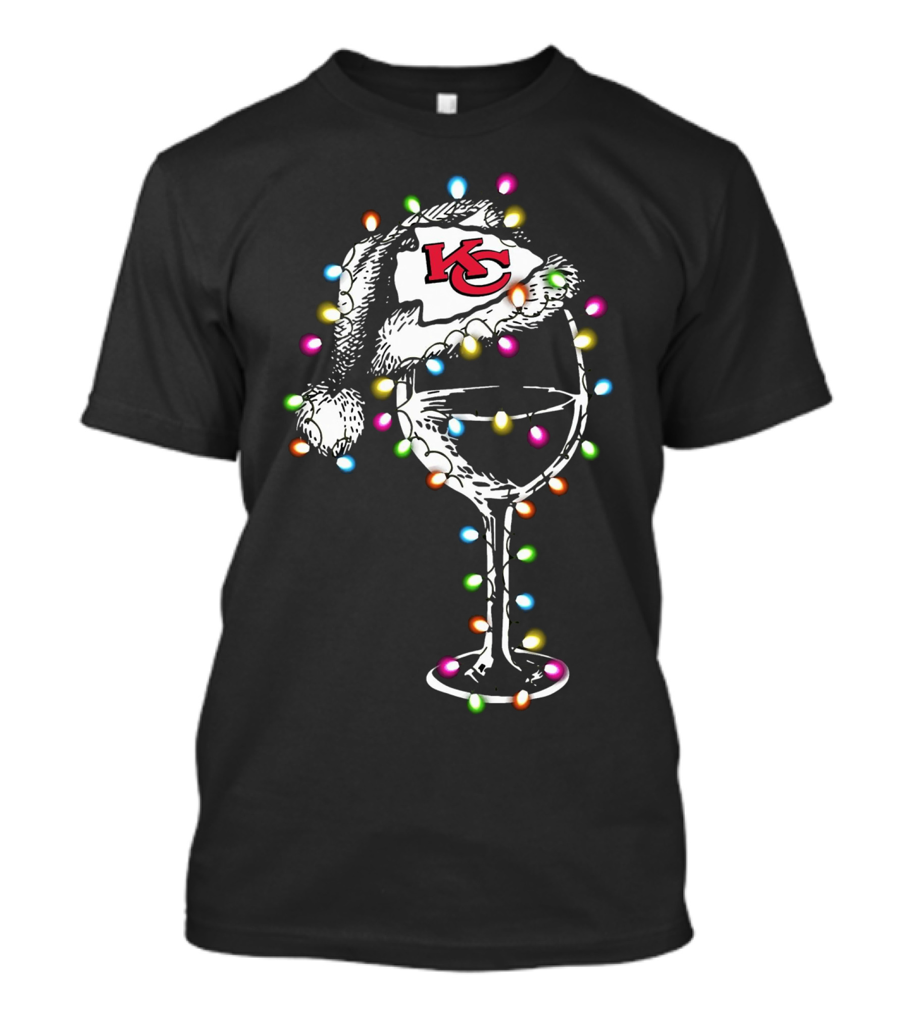 Kansas City Chiefs Holiday Wine Glass With Festive Santa Hat And Christmas Lights T-Shirt