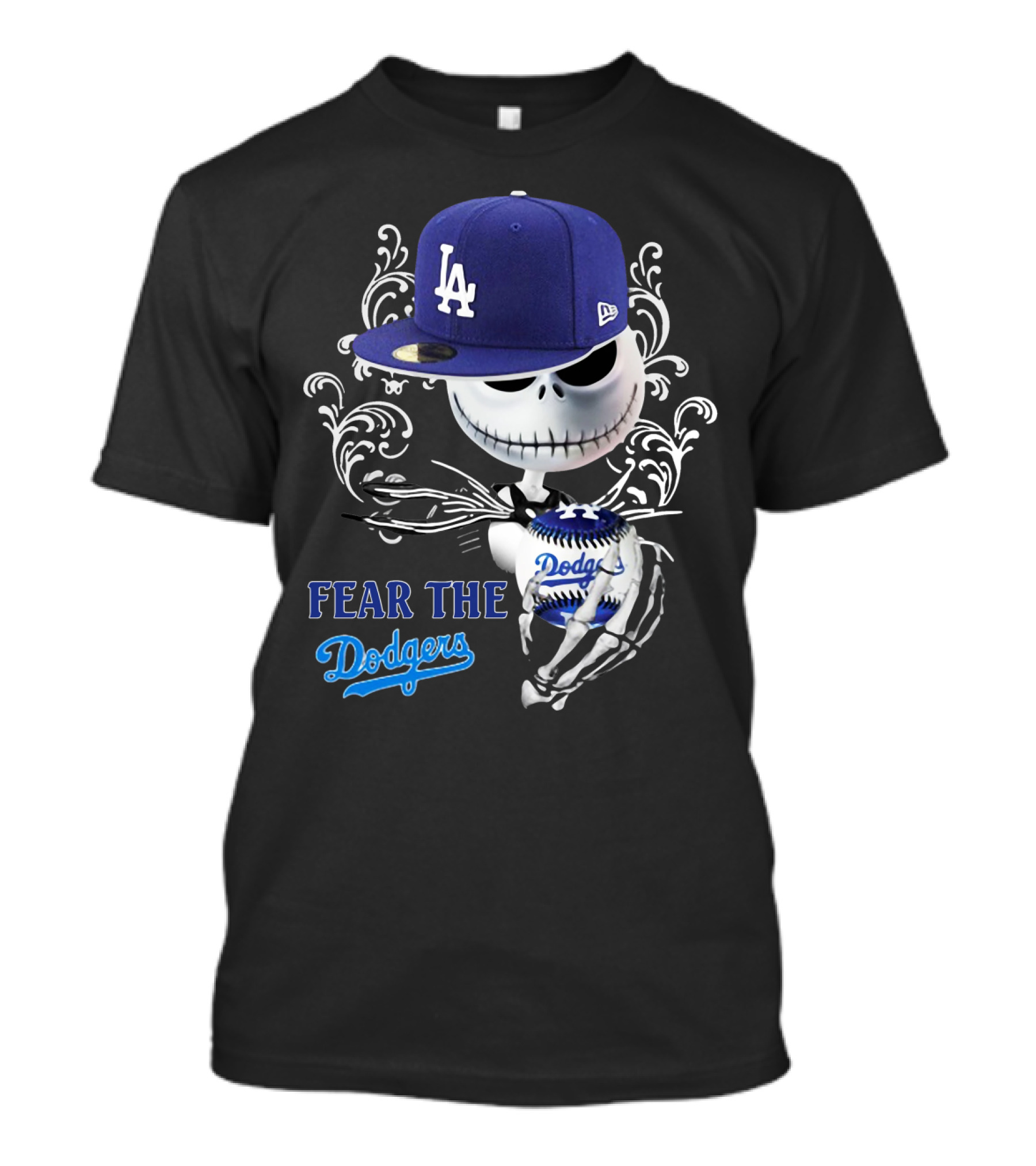 Fear The Dodgers Jack Skellington LA Dodgers Hat Baseball Scene T-Shirt