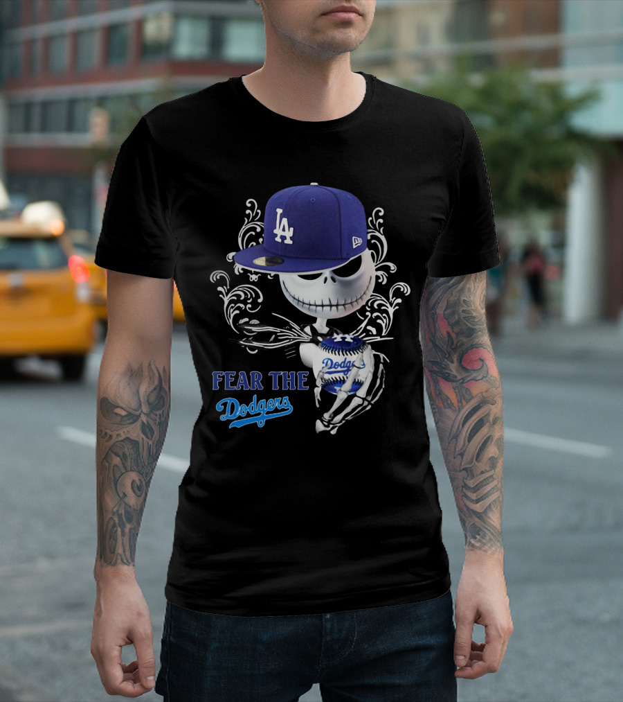 Fear The Dodgers Jack Skellington LA Dodgers Hat Baseball Scene T-Shirt