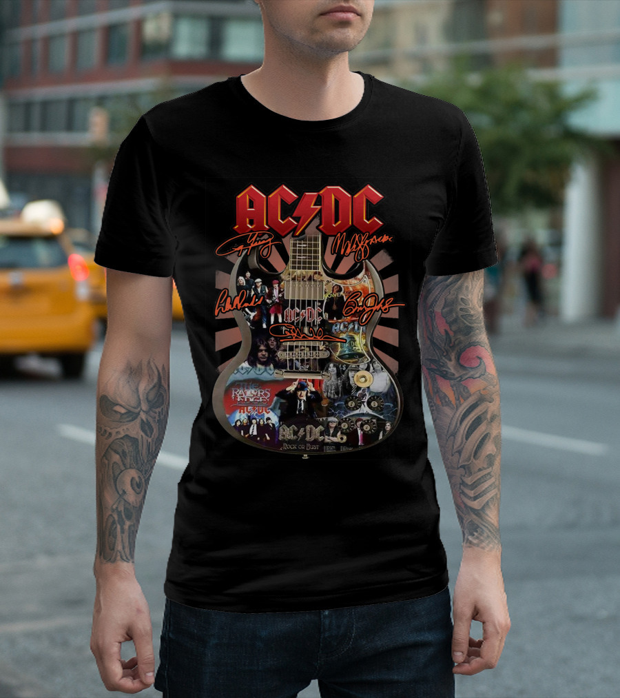 Ac Dc Rock Or Bust Collage Guitar With Autographs And Album Covers T-Shirt
