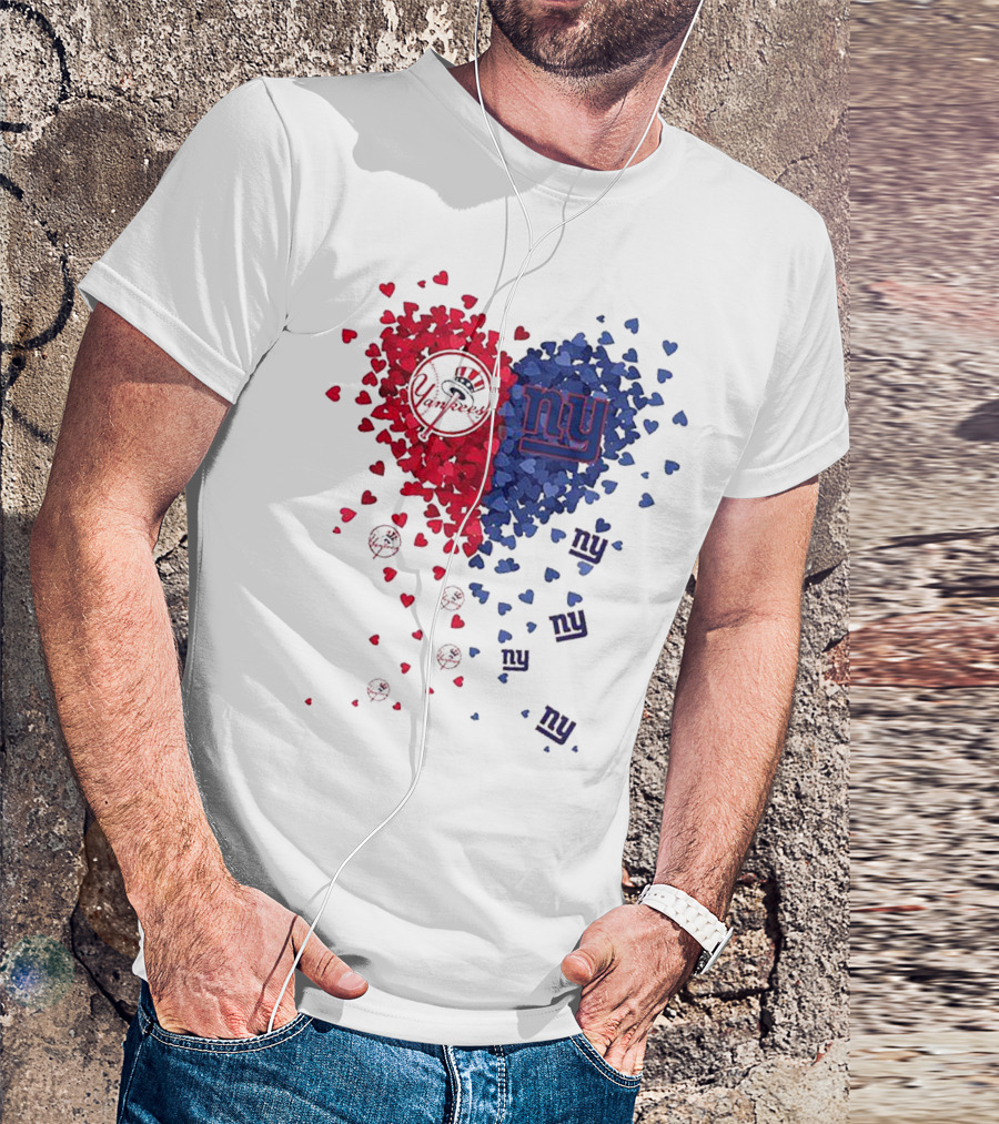 New York Yankees Giants Heart Shaped Logos With Red And Blue Hearts T-Shirt