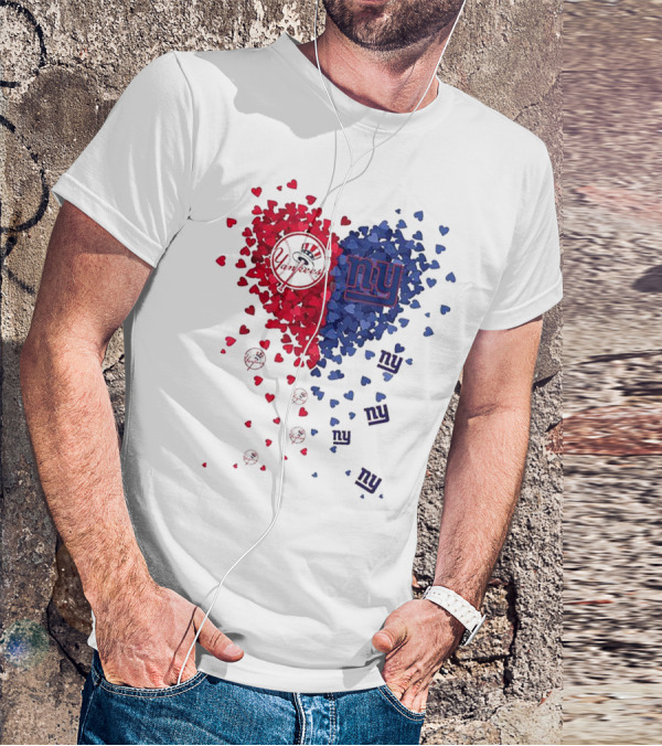 New York Yankees Giants Heart Shaped Logos With Red And Blue Hearts T-Shirt