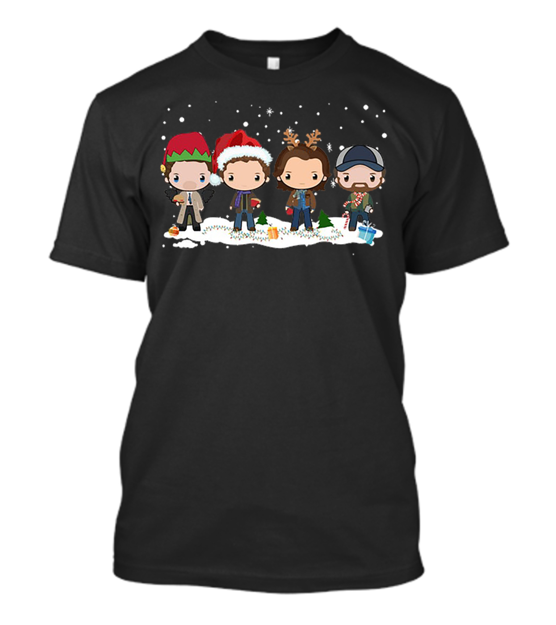 Supernatural Holiday Chibi Characters With Christmas Hats And Snow Scene T-Shirt