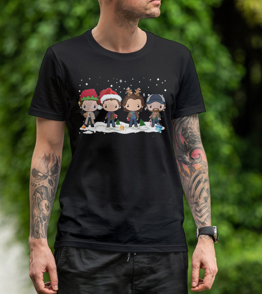 Supernatural Holiday Chibi Characters With Christmas Hats And Snow Scene T-Shirt