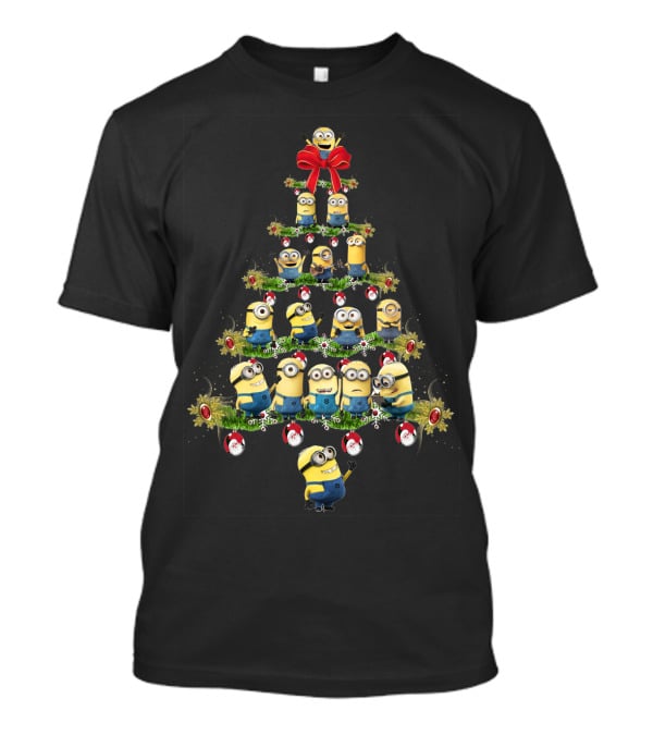 Minions In A Christmas Tree Formation With Festive Decorations T-Shirt