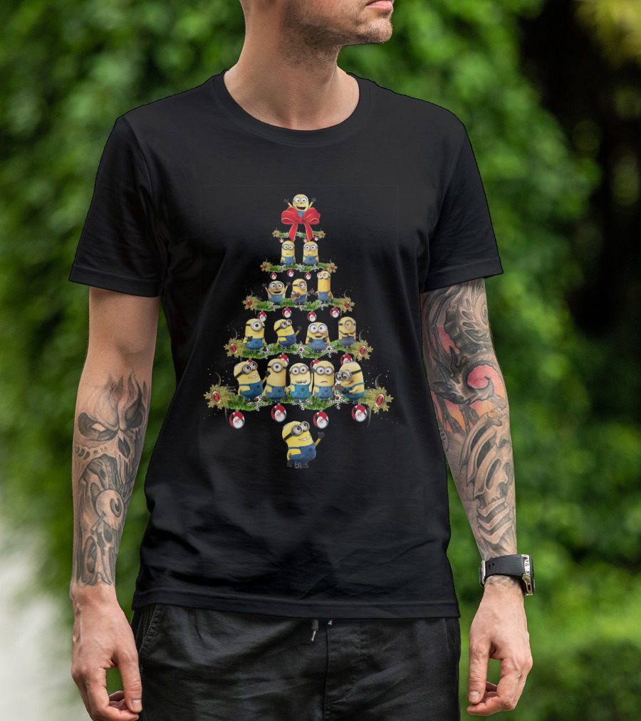 Minions In A Christmas Tree Formation With Festive Decorations T-Shirt