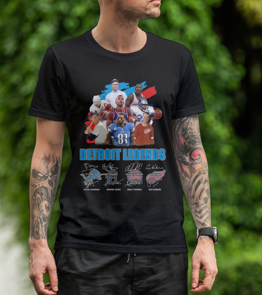 Detroit Legends Ty Cobb Barry Sanders Calvin Johnson Steve Yzerman Gordie Howe Isiah Thomas Al Kaline Joe Dumars T-Shirt