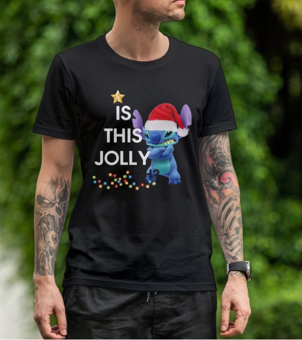 Is This Jolly Enough? Stitch With Santa Hat And Christmas Lights T-Shirt