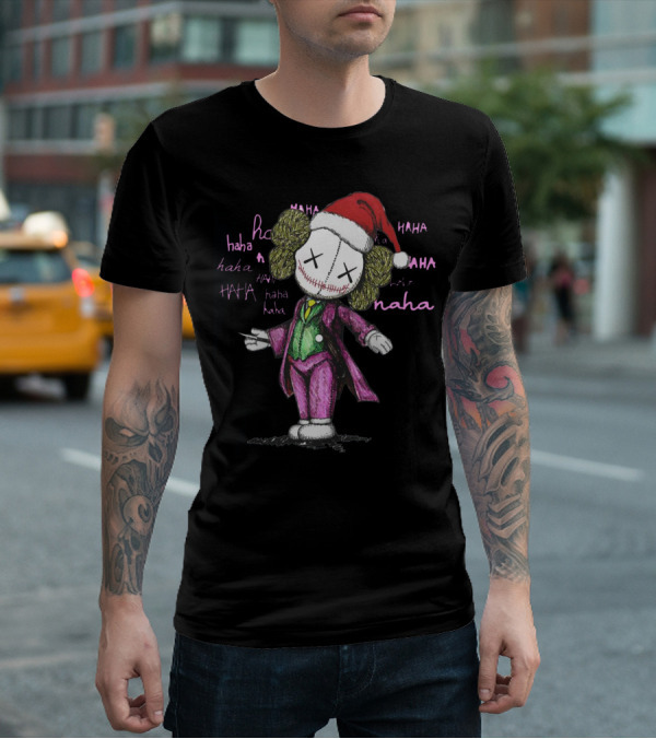 Santa Joker Kaws Haha Clown Character In Festive Hat With Laughing Text T-Shirt