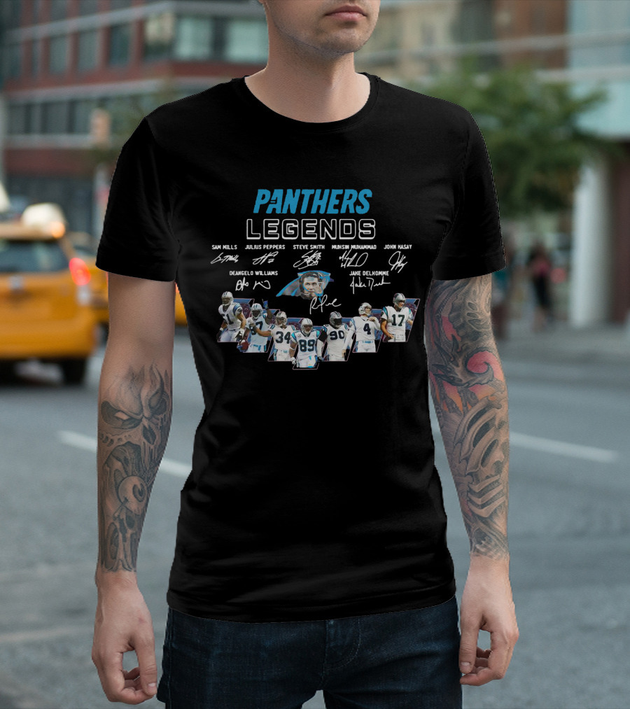 PANTHERS LEGENDS SAM MILLS JULIUS PEPPERS STEVE SMITH MUHSIN MUHAMMAD JOHN KASAY DEANGELO WILLIAMS JAKE DELHOMME T-Shirt