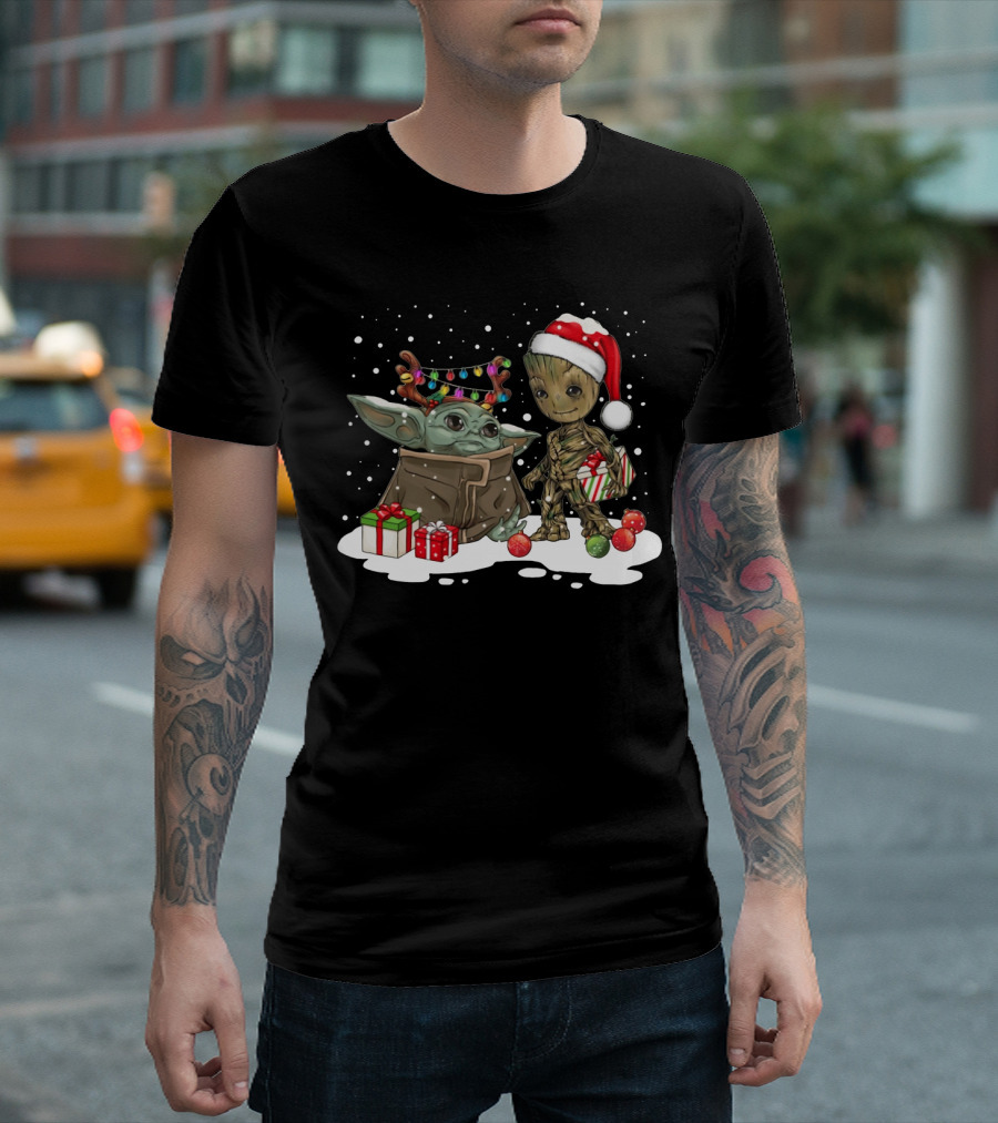 Baby Groot and Baby Yoda Christmas Santa Hat Gift Exchange T-Shirt