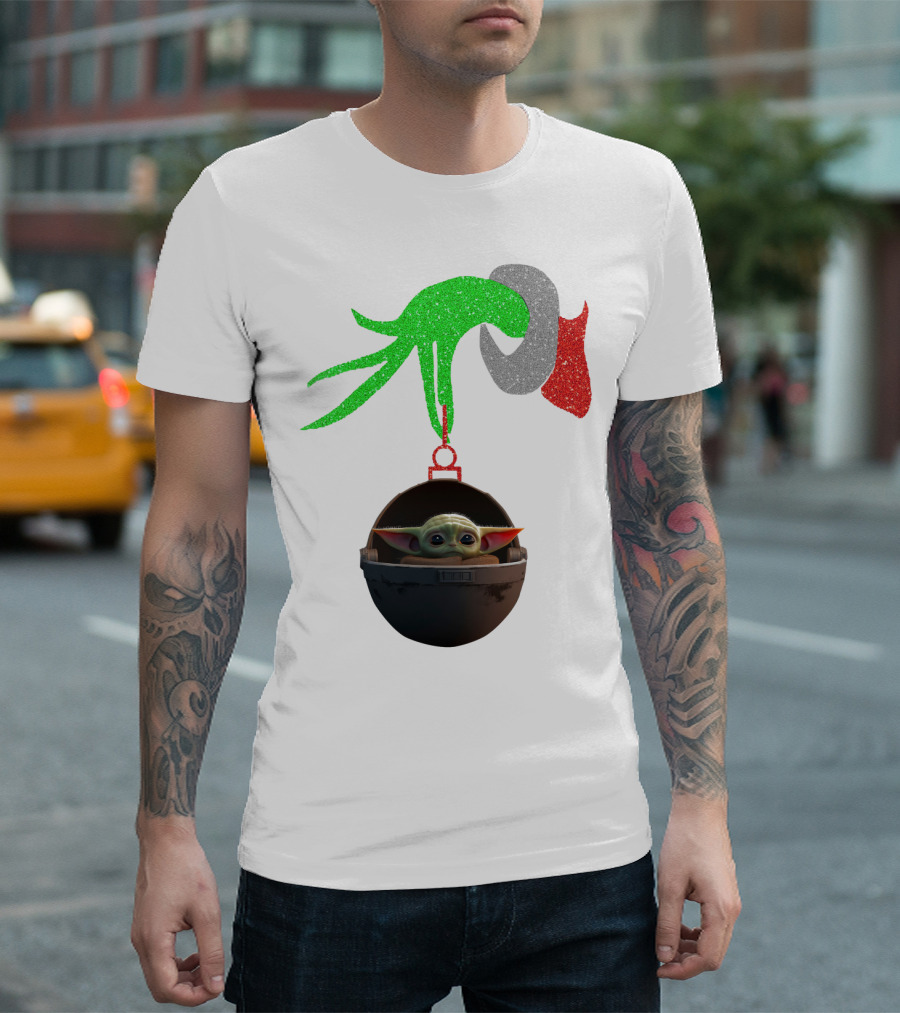 Grinch Hand Glitter Holding Baby Yoda T-Shirt