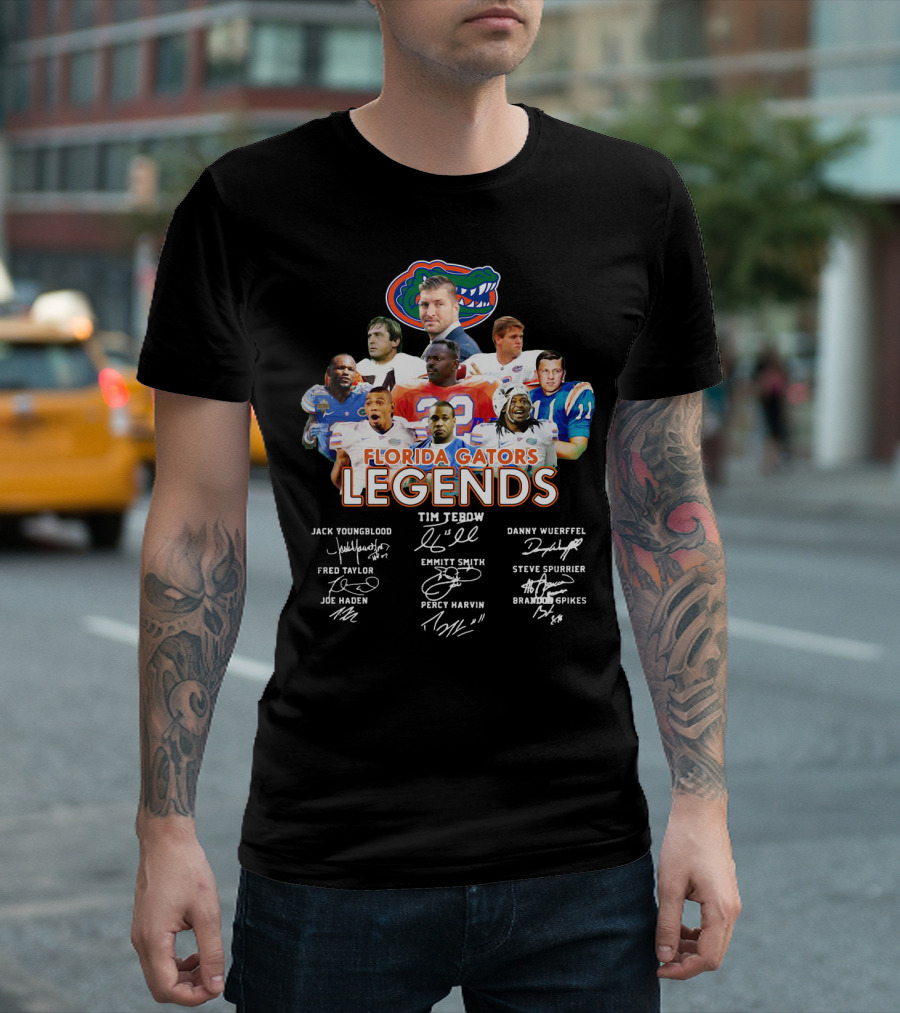 FLORIDA GATORS LEGENDS JACK YOUNGBLOOD TIM TEBOW DANNY WUERFFEL FRED TAYLOR EMMITT SMITH STEVE SPURRIER JOE HADEN PERCY HARVIN BRANDON SPIKES T-Shirt