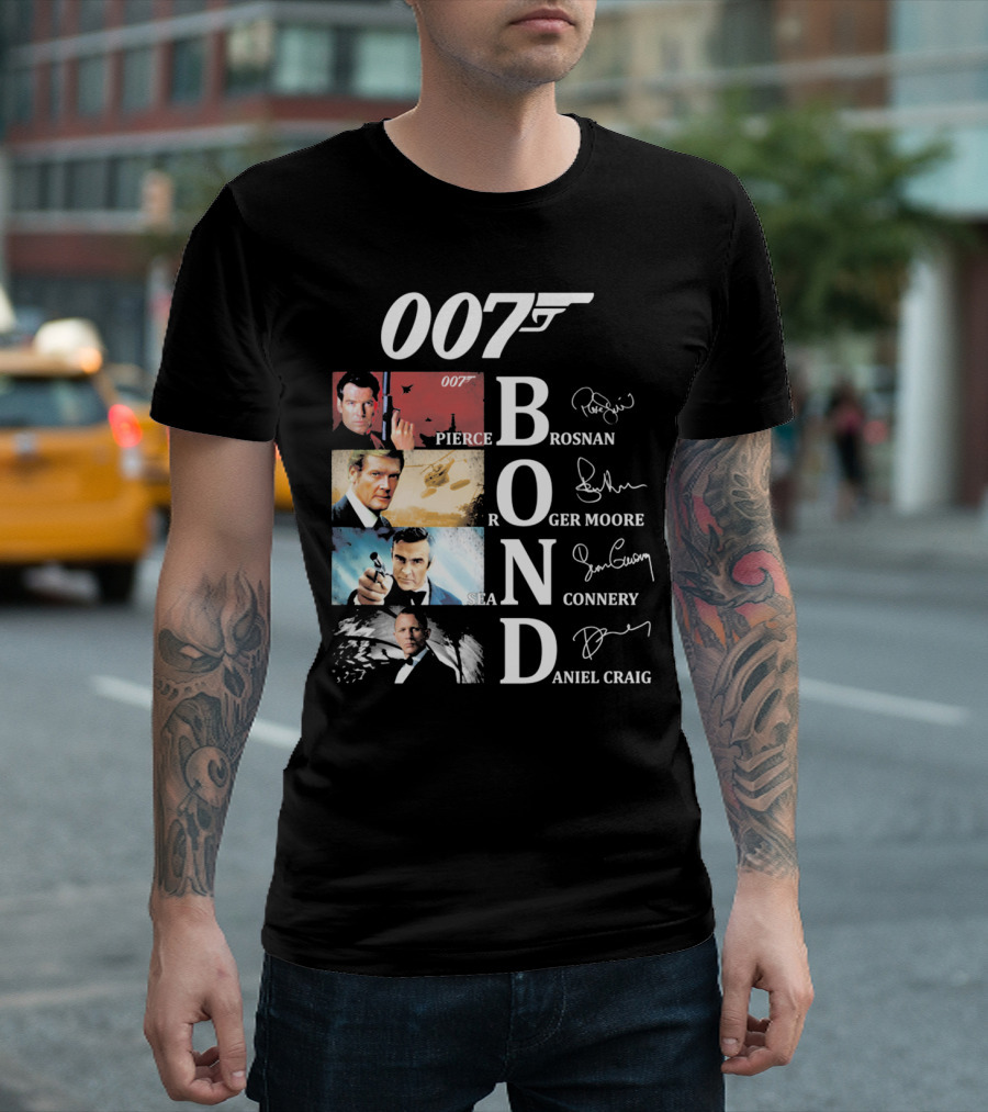 Bond Evolution Pierce Brosnan Roger Moore Sean Connery Daniel Craig T-Shirt