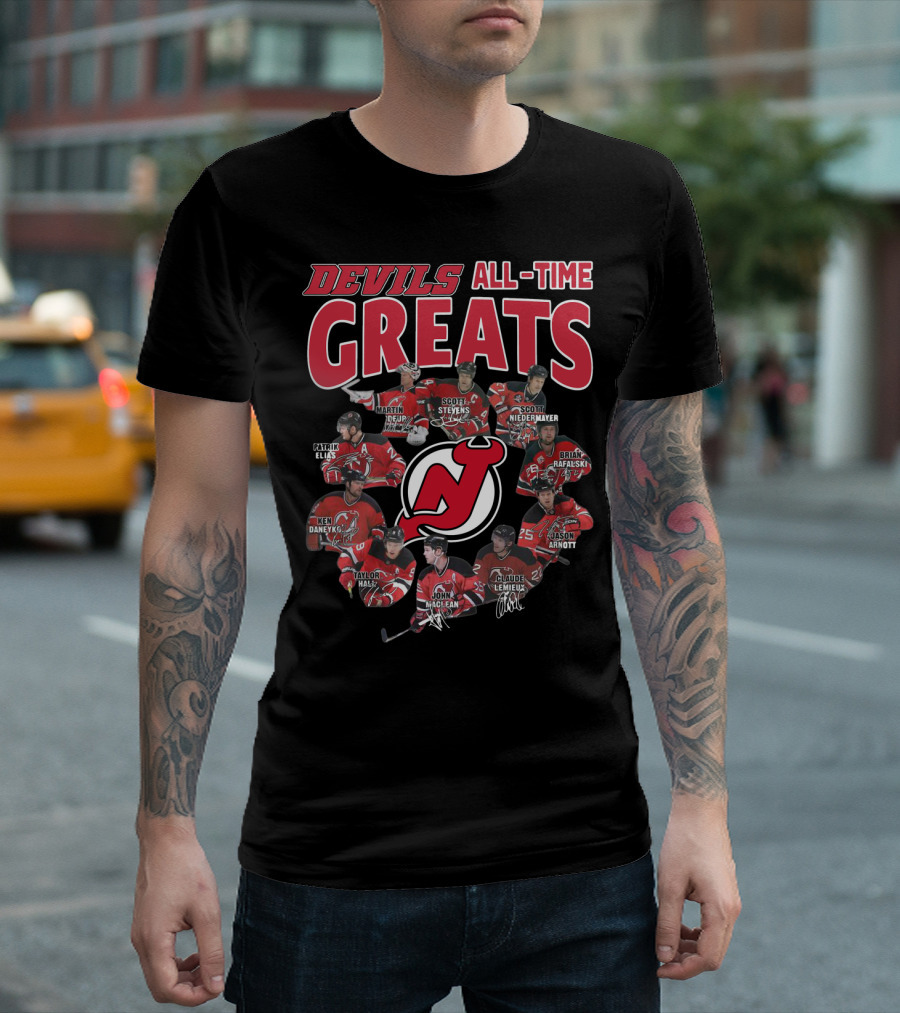 New Jersey Devils All-Time Greats Martin Brodeur Scott Stevens Scott Niedermayer Patrik Elias Ken Daneyko Brian Rafalski Taylor Hall John MacLean Claude Lemieux Jason Arnott T-Shirt