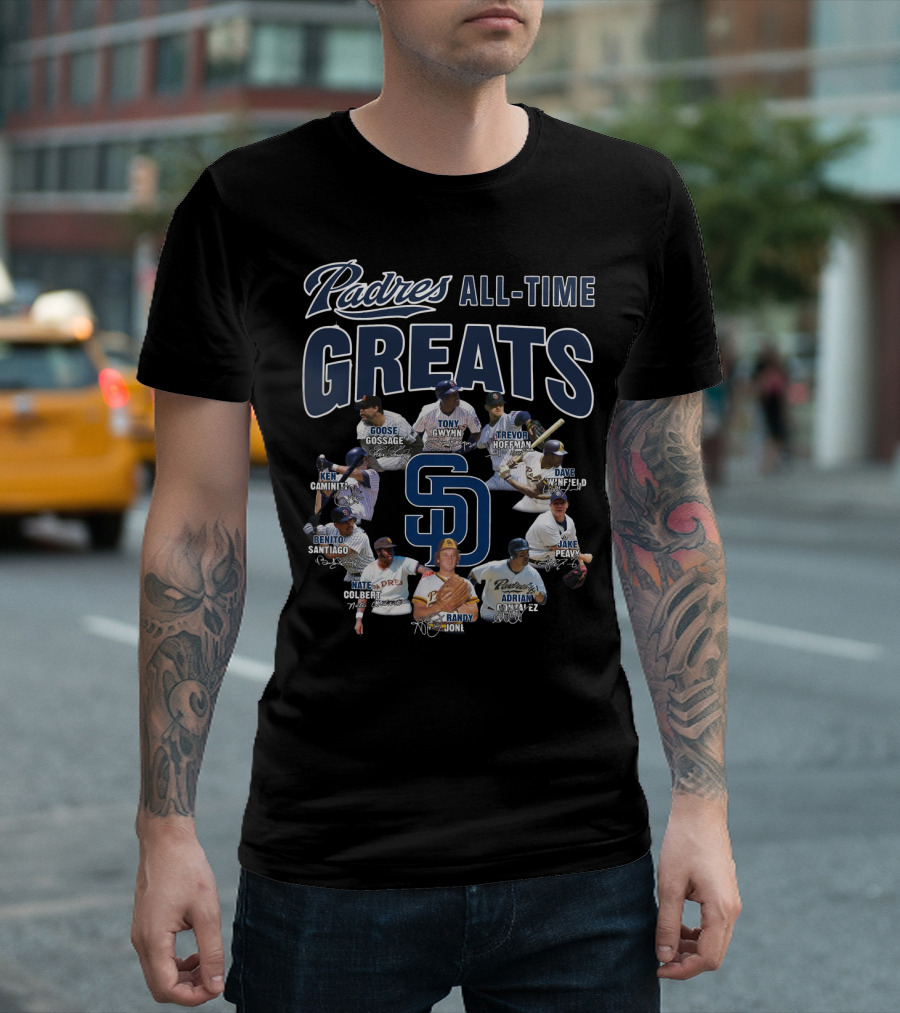 Padres All-Time Greats Goose Gossage Tony Gwynn Trevor Hoffman Dave Winfield Ken Caminiti Benito Santiago Nate Colbert Randy Jones Adrian Gonzalez Jake Peavy T-Shirt