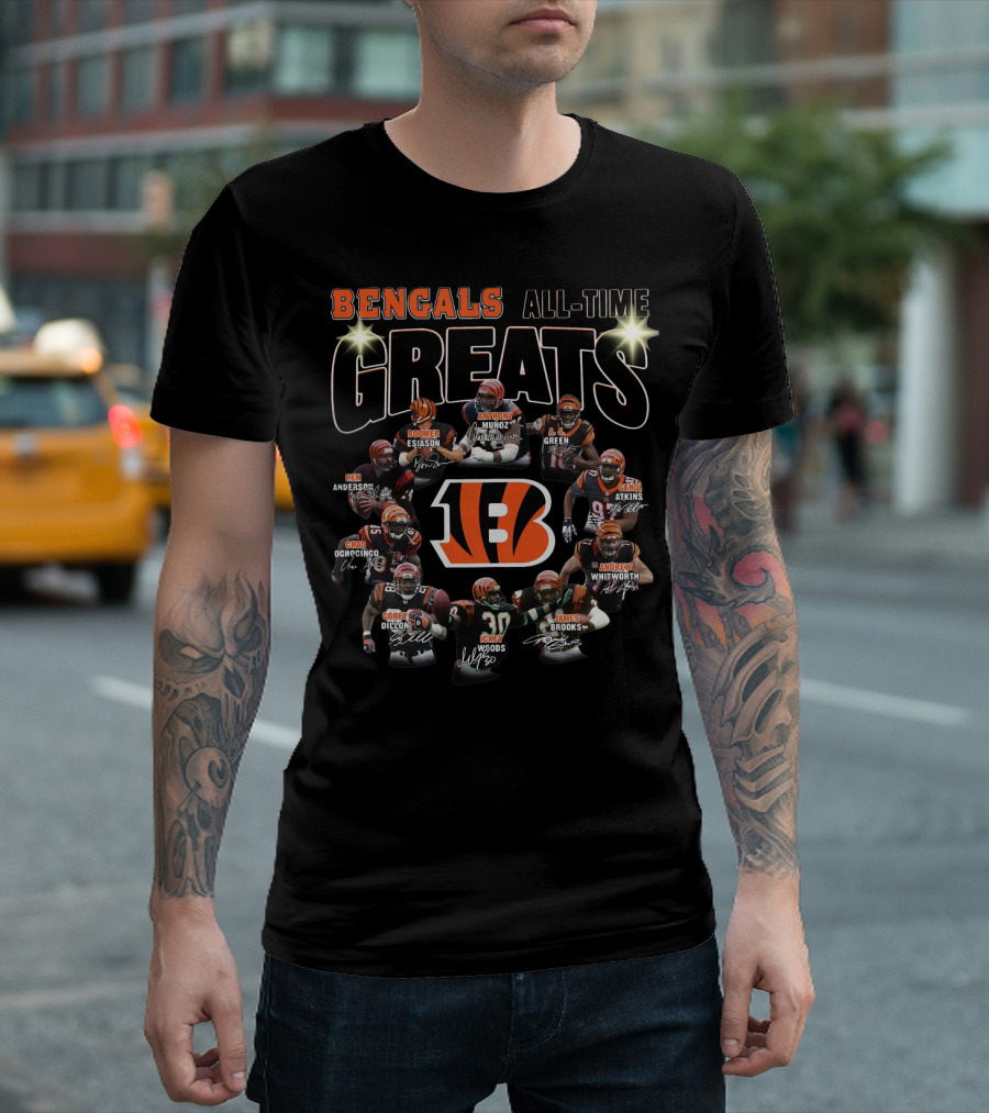 Bengals All-Time Greats Boomer Esiason Anthony Munoz A.j. Green Ken Anderson Chad Ochocinco Geno Atkins Corey Dillon Andrew Whitworth Ickey Woods James Brooks T-Shirt