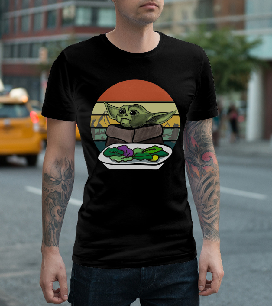 Baby Yoda Yelling At The Table Mountains 70s Sunset Forest T-Shirt