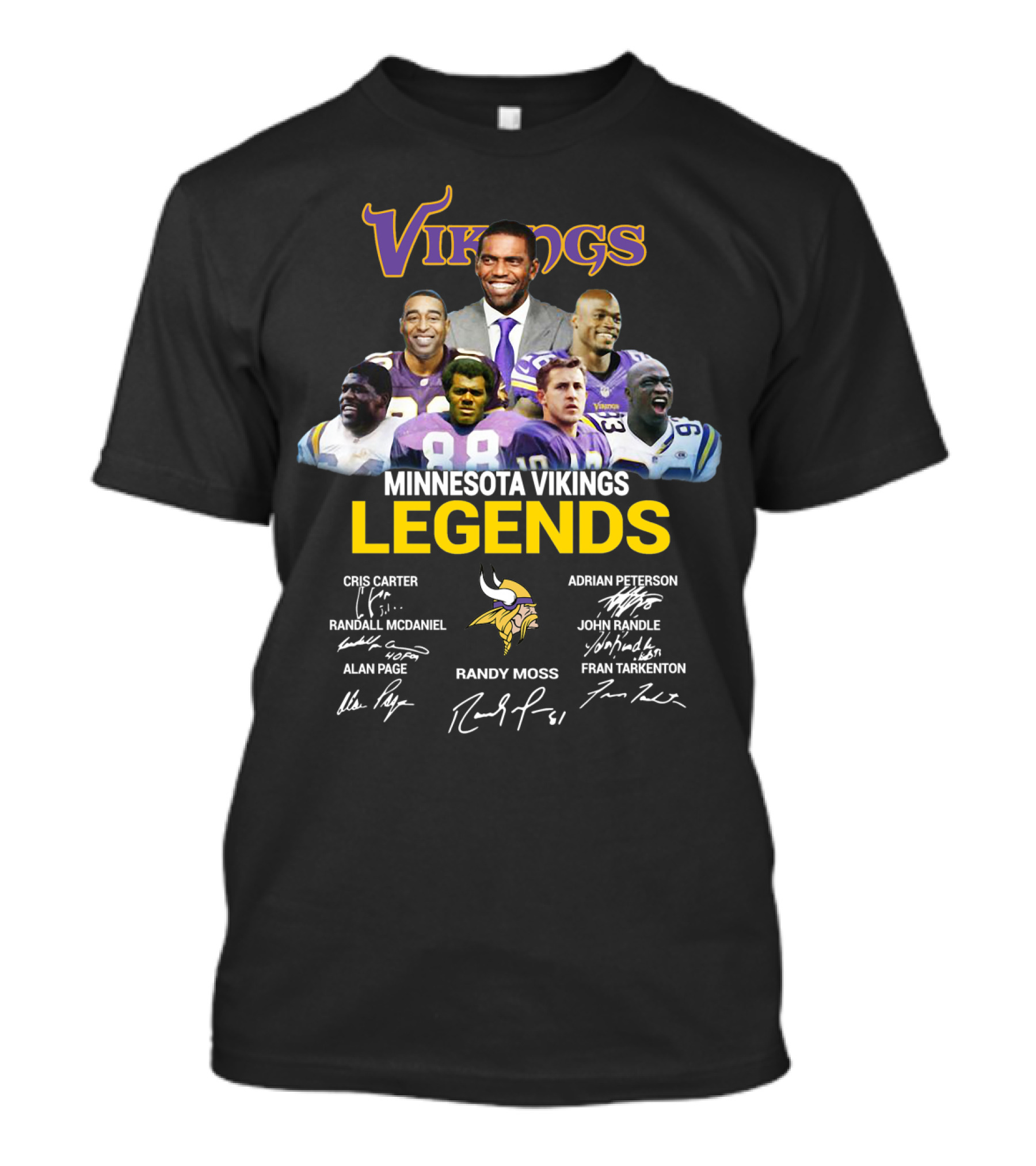 Minnesota Vikings Legends Cris Carter Randy Moss Adrian Peterson John Randle Randall McDaniel Alan Page Fran Tarkenton T-Shirt