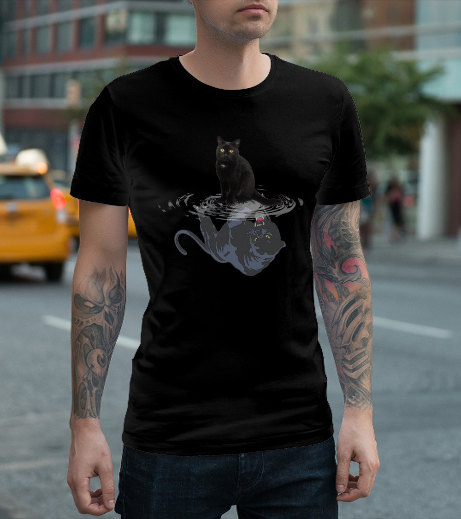 Black Cat Water Reflection Mirror Black Panther Reflection T-Shirt