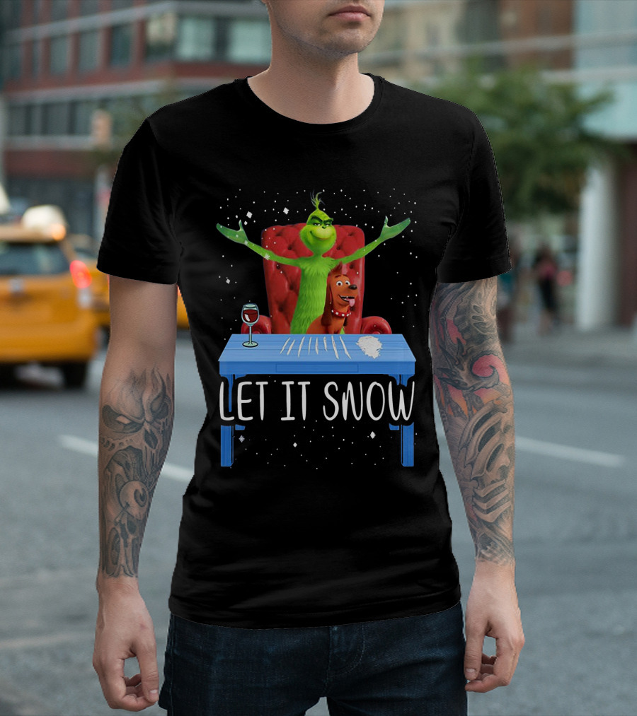 Let It Snow Grinch And Max At Table With Wine And Snowflakes T-Shirt